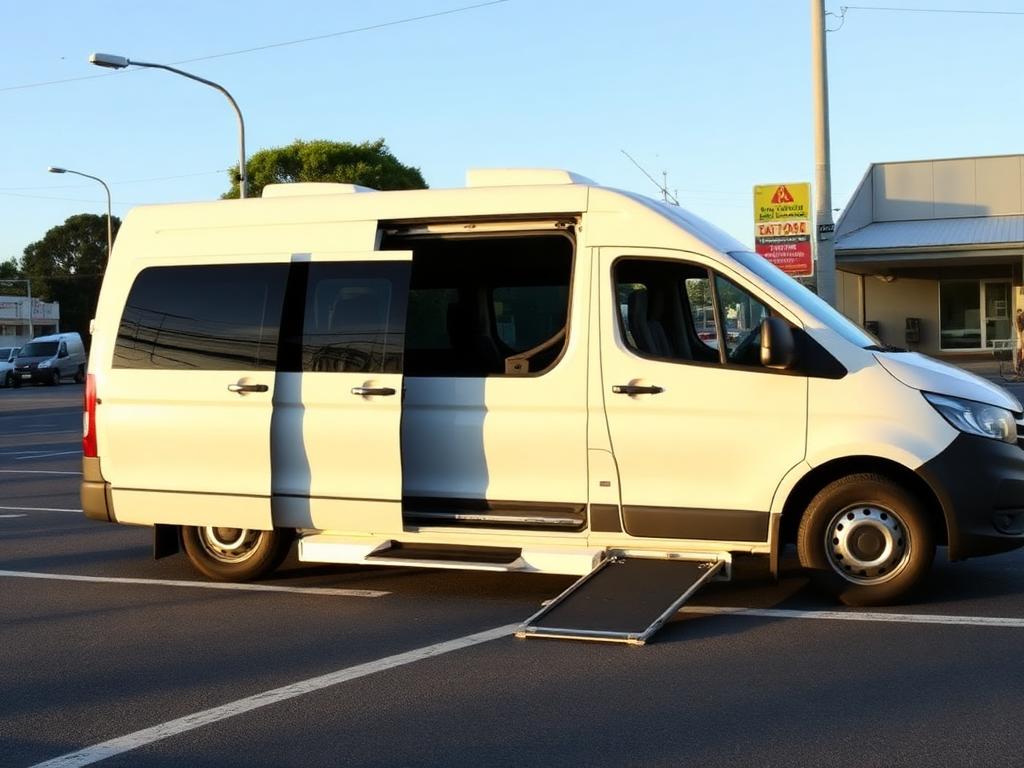 Wheelchair accessible taxi van with rear ramp deployed for boarding